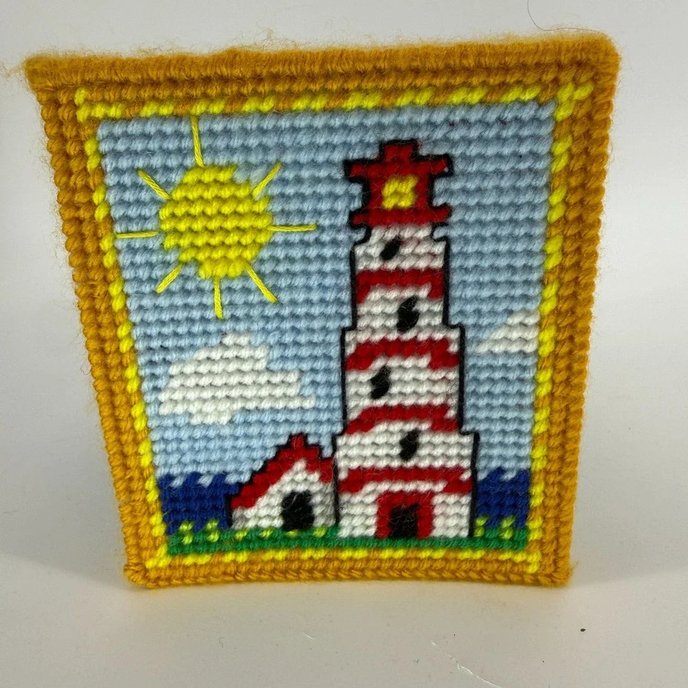 Vintage Handmade Needlepoint Plastic Canvas Tissue Box‎ Cover LIGHTHOUSE